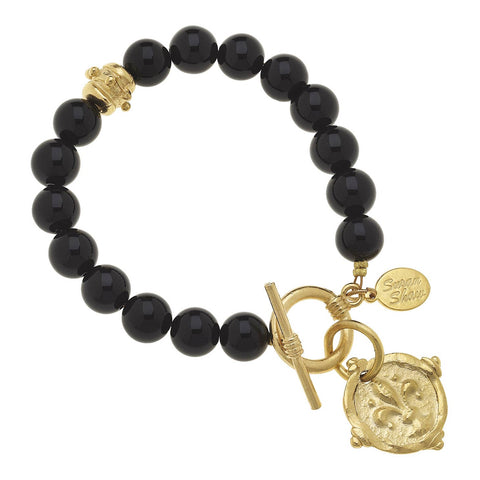 Gold Fleur De Lis Intaglio On Black Onyx Bracelet