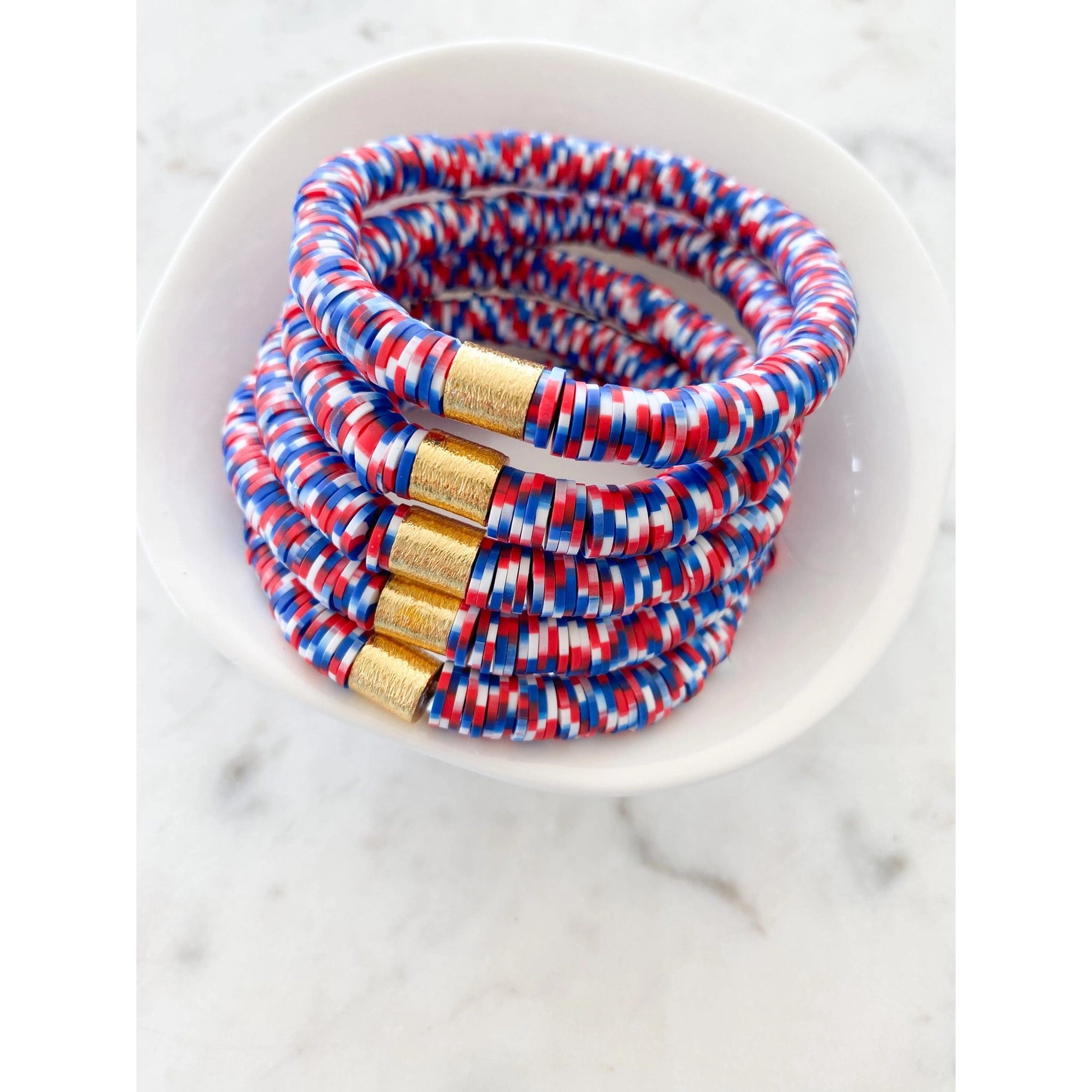 Gold Barrel Heishi Color Pop Bracelets Patriotic Tie Dye
