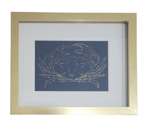 Framed Metallic Gold Crab on Navy Blue 8x10