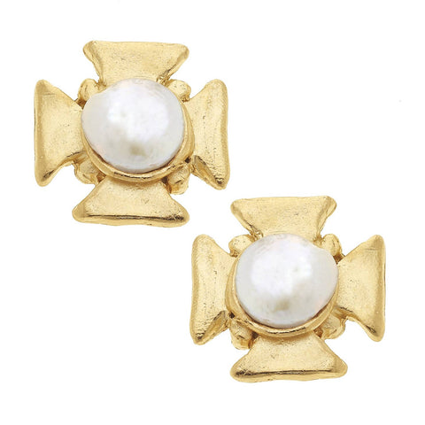 Gold Cross with Genuine Freshwater Pearl Pierced Earrings