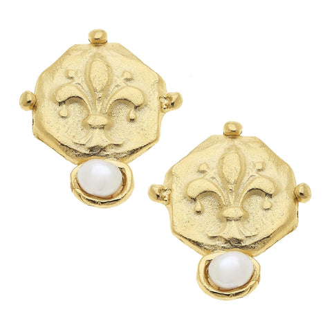 Gold Fleur De Lis Intaglio and Hand Set Genuine Freshwater Pearl Clip Earrings