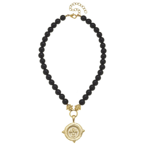 Gold Fleur De Lis Intaglio On Black Onyx Necklace