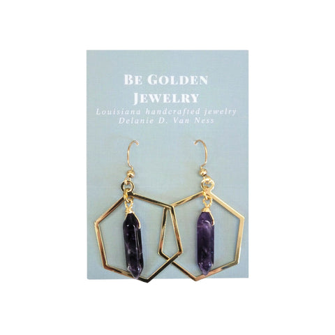Hexagon with Amethyst Middle Earrings