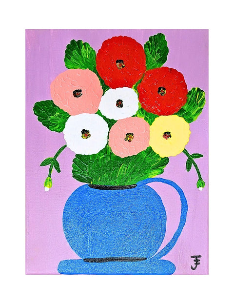 "Zinnias in a Blue Vase" Acrylic on Canvas, 12"x16"