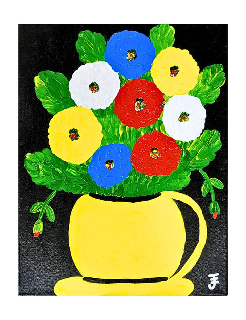 "Zinnias in a Yellow Vase" Acrylic on Canvas, 11"x14"
