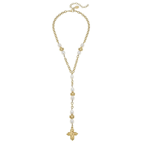 Gold Cross and Genuine Freshwater Pearl Y Necklace