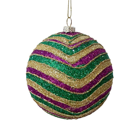 6" Mardi Gras Swirl Stripe Round Glitter Ornament