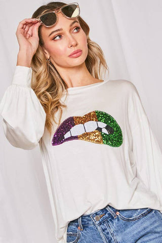 MARDI GRAS Color Block Sequined Lip Patch Knit Top