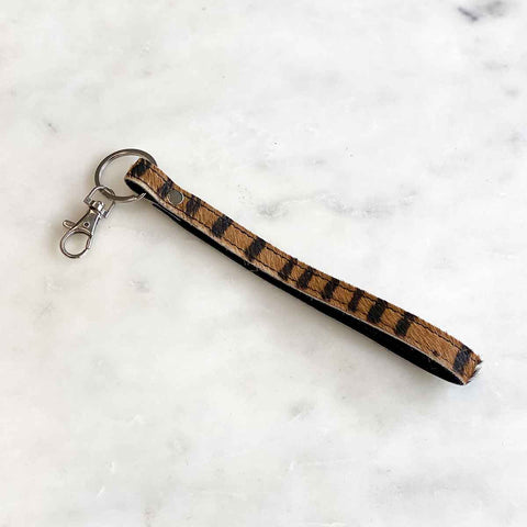 Tiger Print Hide Leather Wristlet Keychain