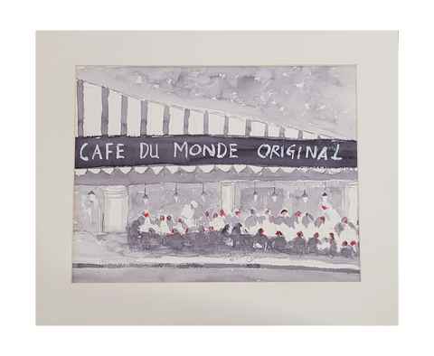 "Cafe du Monde at Night" Matted Watercolor by Jun Chen 14x18