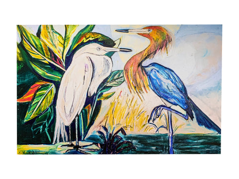 "LA White Egret and Multicolored Egret" Reproduction 29X42