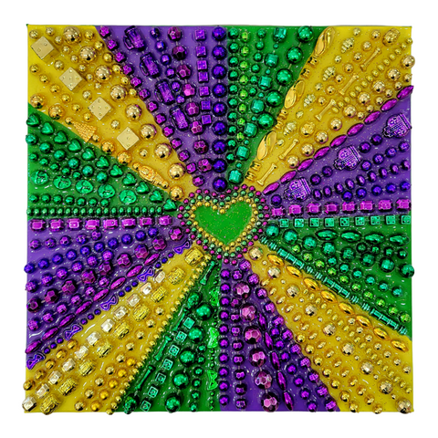 "Mardi Gras Love" Bead Collage on Canvas 10x10