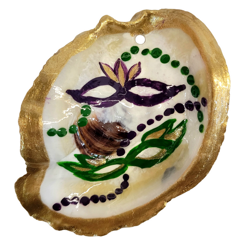 Mardi Gras Hand-Painted Double Mask Gilded Oyster Shell