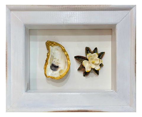 Ceramic Magnolia and Gilded Oyster Shadow Box Art, 8x10