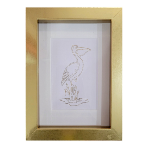 Framed Metallic Gold Pelican and Stump on White 8x10