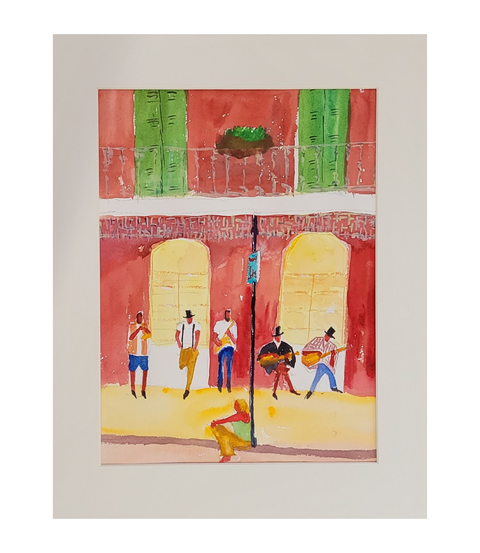 "Street Band" Matted Watercolor by Jun Chen 14x18