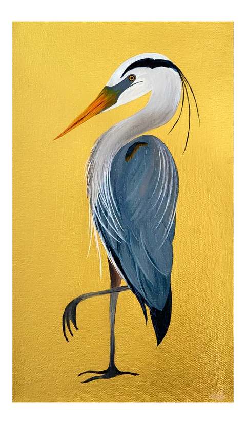 "Blue Heron on Gold #2" Acrylic on Gallery Wrapped Canvas 8x14