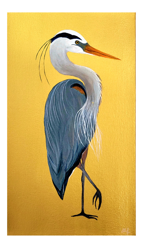 "Blue Heron on Gold #1" Acrylic on Gallery Wrapped Canvas 8x14