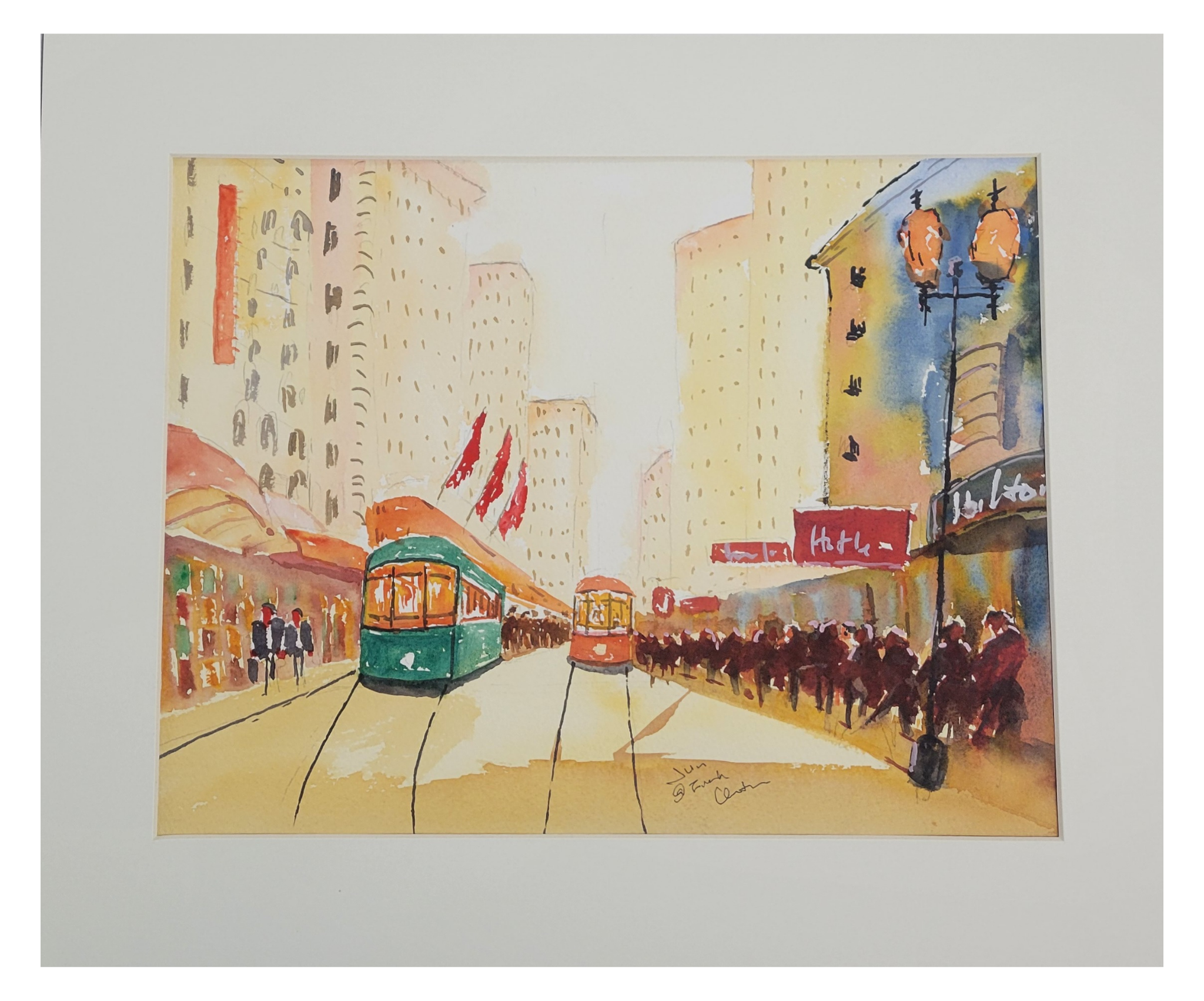"On Canal" Matted Watercolor by Jun Chen 14x17