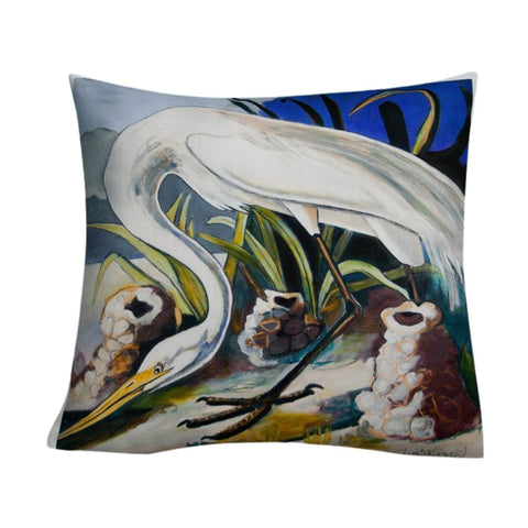 "White Heron with Crawfish Piles" Canvas Print Pillow