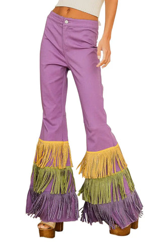 Mardi Gras Rhinestone Fringed Bell Bottom Pants