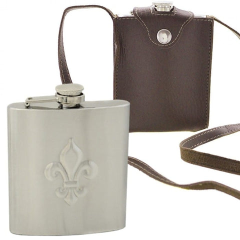 9oz Fleur de Lis Stainless Steel Flask with Holder
