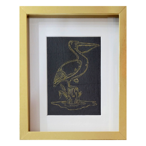 Framed Metallic Gold Pelican and Stump on Black 9x11